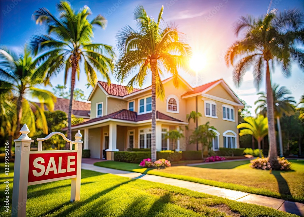 Obraz premium Luxury suburban retreat. Picture-perfect palm trees and sun-kissed bokeh. Your dream home awaits.