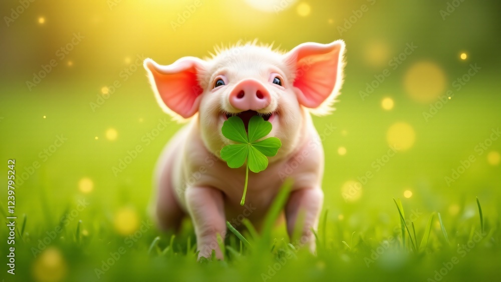 A cheerful pig holding a lucky four-leaf clover in a sunlit meadow. Golden sparkles highlight the clover’s magic, symbolizing prosperity, happiness, and good fortune. A cheerful pig holding a lucky four-leaf clover in a sunlit meadow. Golden sparkles highlight the clover’s magic, symbolizing prosperity, happiness, and good fortune.