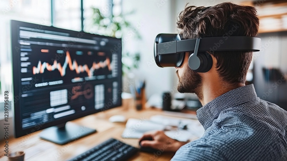 A businessman using VR for real-time data analysis, holographic financial graphs floating, immersive decision-making experience --chaos 50 A businessman using VR for real-time data analysis, holographic financial graphs floating, immersive decision-making experience --chaos 50
