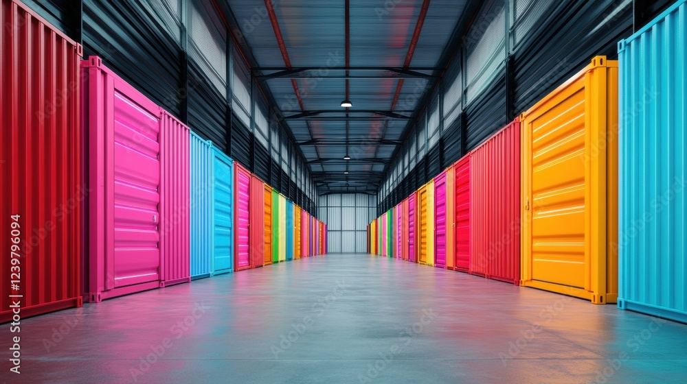 Fototapeta premium Vibrant storage facility with neatly stacked containers, dynamic lighting, and a clean organized atmosphere