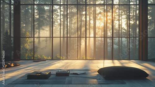 Minimalist Interior with Large Window overlooking a Misty Forest at Sunset