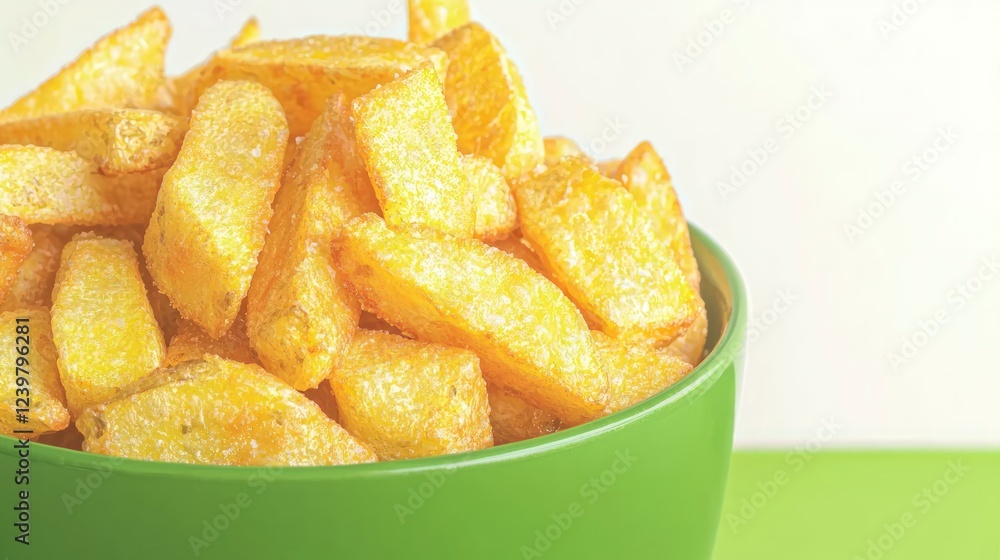 Crispy Golden French Fries in Green Bowl Tasty Potato Snack Food Crispy Golden French Fries in Green Bowl Tasty Potato Snack Food