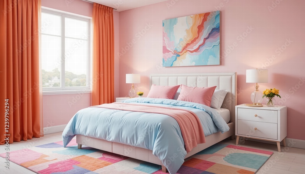 Fototapeta premium Luxurious bedroom interior with bed, pillows, and soft lighting