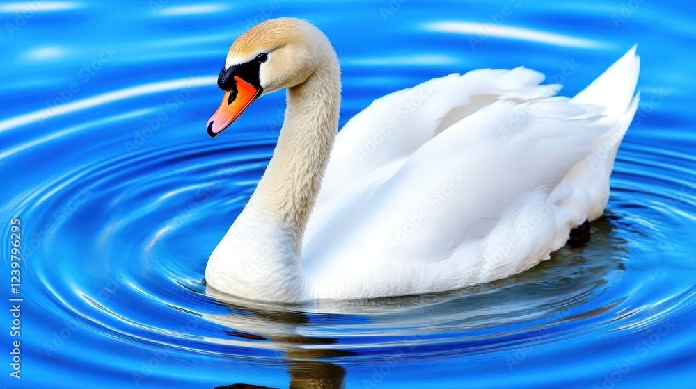 Elegant white swan gracefully gliding on a serene blue lake, creating concentric ripples. Elegant white swan gracefully gliding on a serene blue lake, creating concentric ripples.