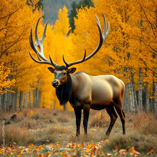 Majestic bull elk stands proudly in an autumn forest, surrounded by vibrant golden aspens, with massive antlers and a robust brown coat, amidst fallen leaves. photo