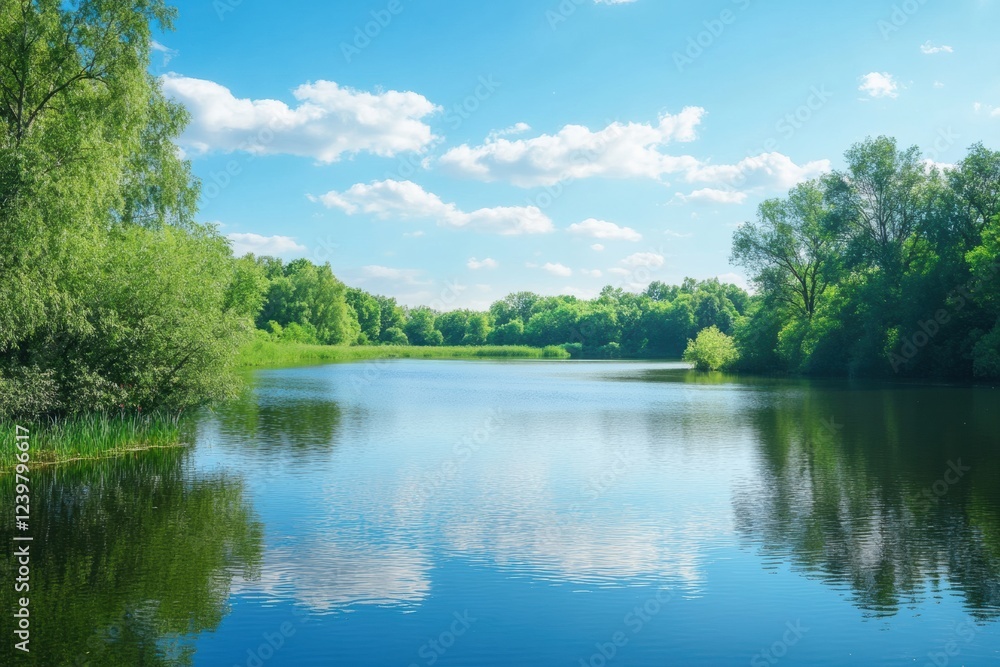 Serene lake surrounded by lush greenery under a clear blue sky on a calm sunny day. Generative AI Serene lake surrounded by lush greenery under a clear blue sky on a calm sunny day. Generative AI