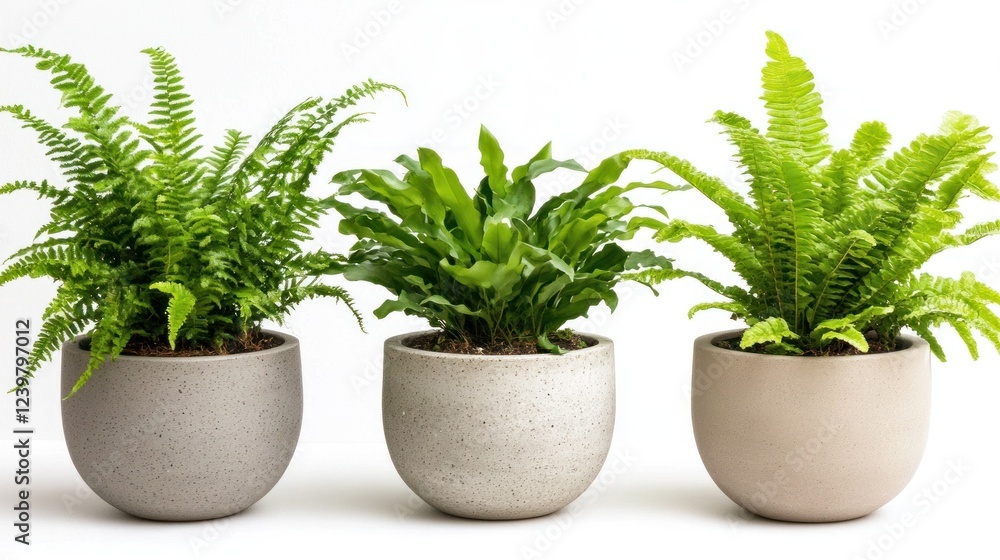 Three potted ferns in speckled grey pots on white background. Three potted ferns in speckled grey pots on white background.