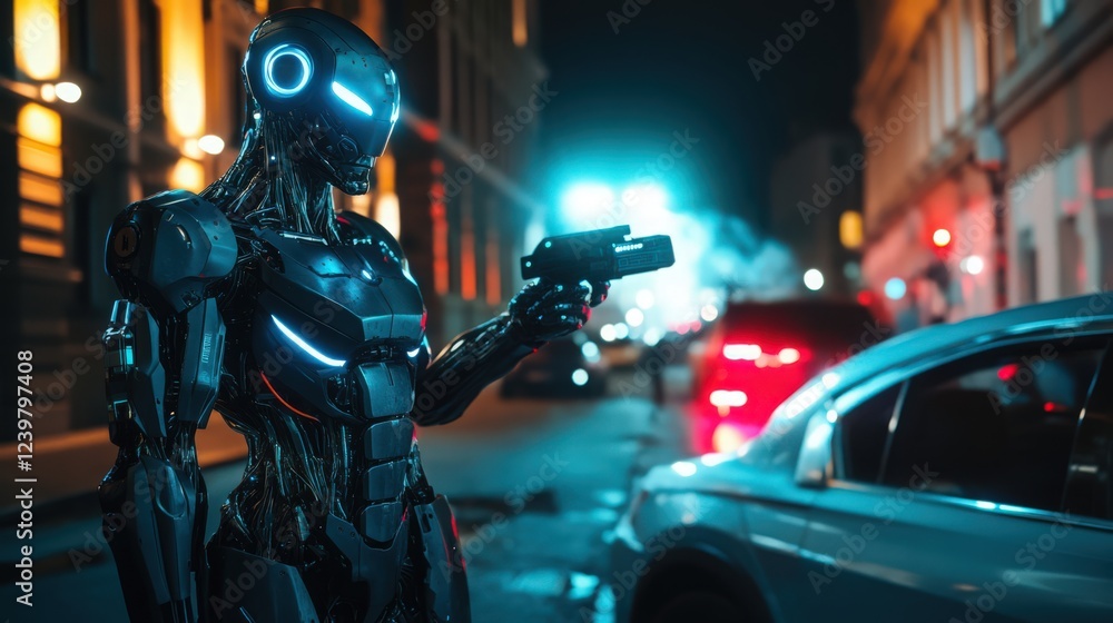 Cybernetic Guardian patrolling a futuristic urban night environment Cybernetic Guardian patrolling a futuristic urban night environment
