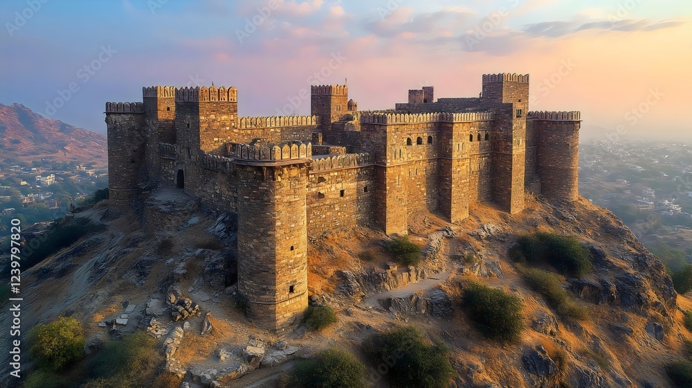 A castle is on top of a hill with a beautiful view of the city below A castle is on top of a hill with a beautiful view of the city below