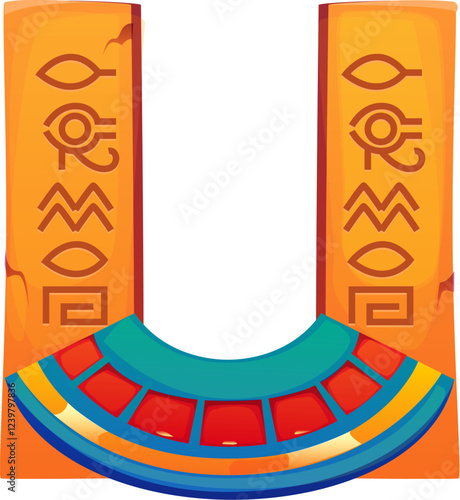 Cartoon Egyptian font stone columns U letter. Ancient civilization latin alphabet U letter, egyptian history isolated vector game font typeset symbol or egypt pharaoh English ABC element