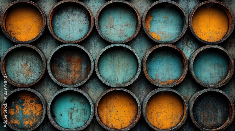 Rustic teal and orange circular metal wall texture. Rustic teal and orange circular metal wall texture.