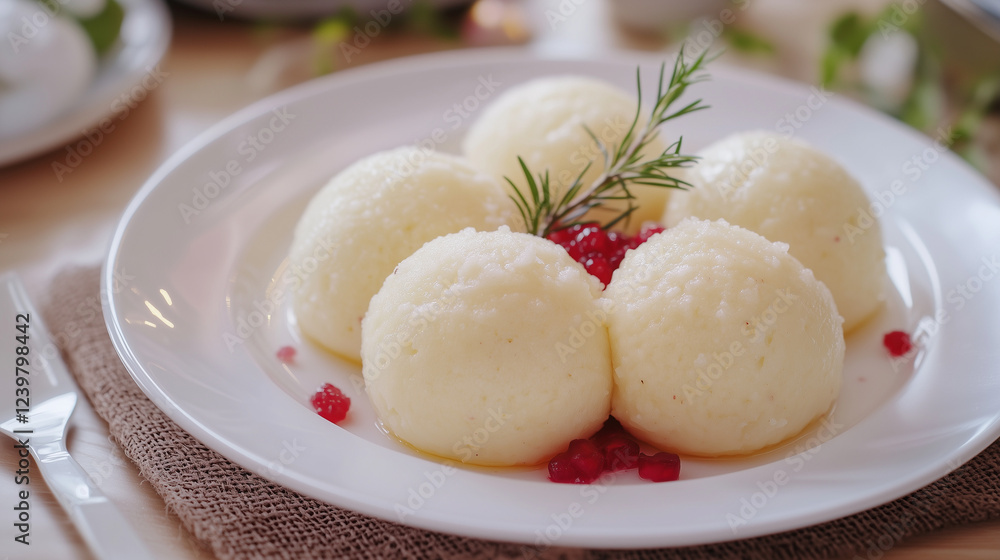 A plate of fluffy cheese dumplings served with red currants and a sprig of greens on white tableware A plate of fluffy cheese dumplings served with red currants and a sprig of greens on white tableware