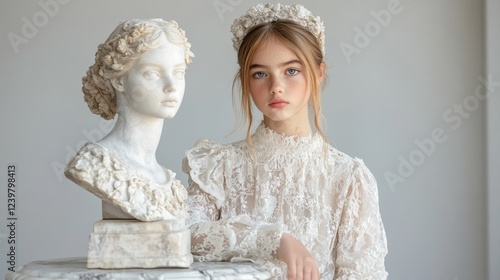 A young girl in an intricately designed lace dress stands beside a classic sculpted bust, showcasing a harmonious blend of youth and timeless artistry, illuminated by gentle light