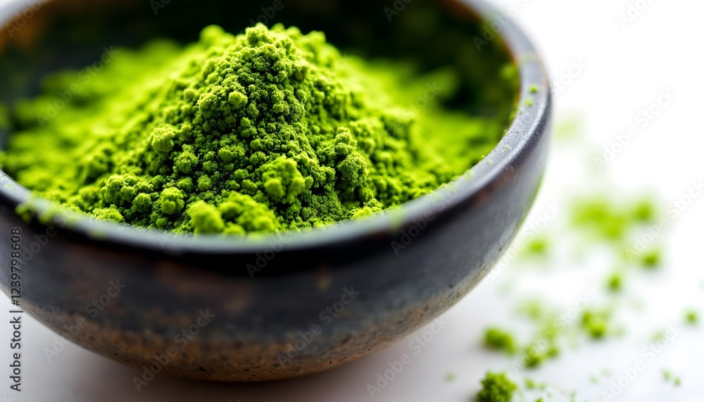 A bowl filled with vibrant green matcha powder, showcasing its fine texture and rich color against a white background. A bowl filled with vibrant green matcha powder, showcasing its fine texture and rich color against a white background.