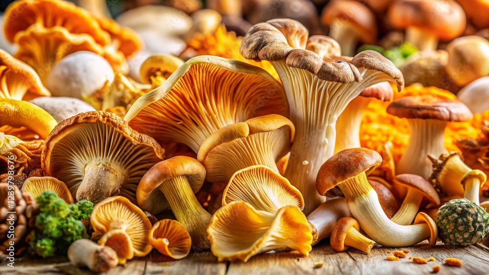 Macro Photography: Assorted Fresh Mushrooms – Chanterelle, Shiitake & More Macro Photography: Assorted Fresh Mushrooms – Chanterelle, Shiitake & More