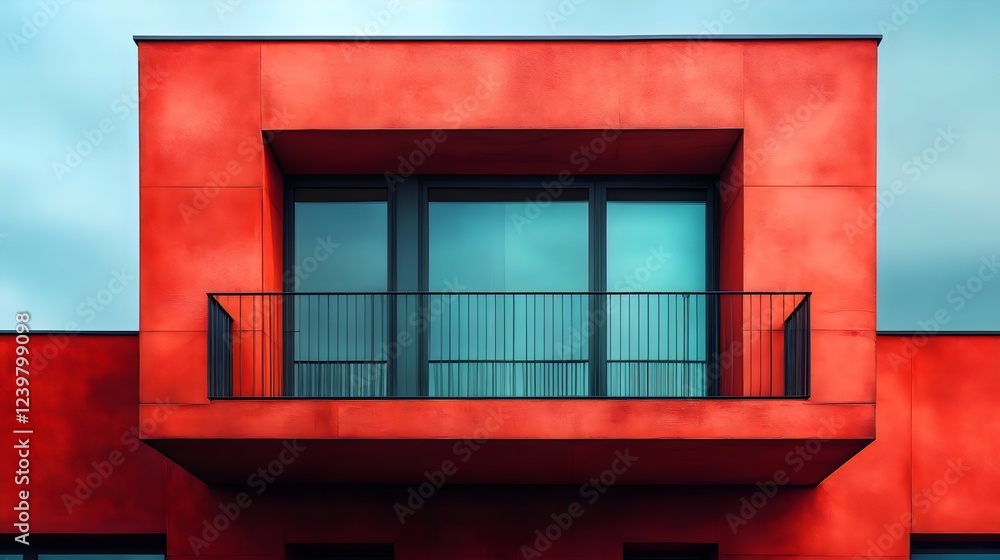 Obraz premium A red building with a balcony and a large window