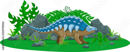 Panoplosaurus prehistoric dinosaur cartoon character. Isolated vector blue and brown well-armored herbivore dino lizard with spikes, standing beside rocks and plants in a prehistoric nature landscape