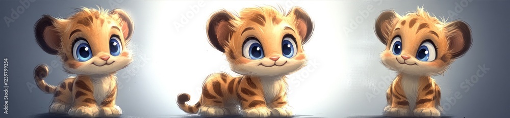 Obraz premium Three adorable cartoon tiger cubs in different poses.