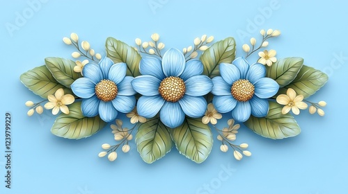 Elegant floral arrangement with three light blue flowers, yellow buds, and green leaves on a light blue background.