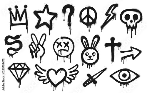 Graffiti grunge spray paint, street ink art. Vector skull, crown, dead smile emoji and peace symbol spray paint and ink graffiti. Hand drawn arrow, winged heart, eye and arrow grunge street art