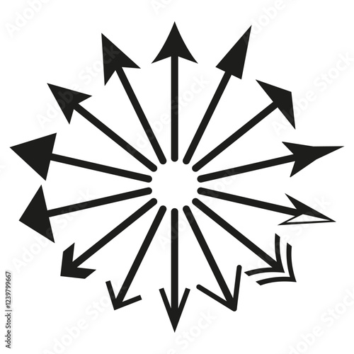 Circular arrows illustration. Outward directional symbols. Black geometric pointers. Vector icon design.