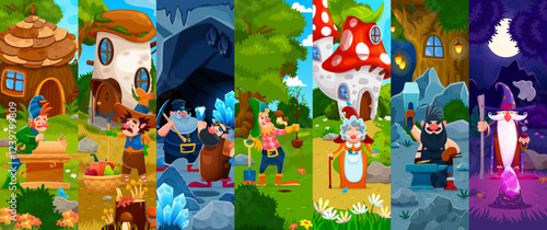 Cartoon fairytale gnome, elf and dwarf characters collage. Vector funny miner, gardener and carpenter gnomes, fairy blacksmith, magician and farmer elves characters at magic forest, town and mine