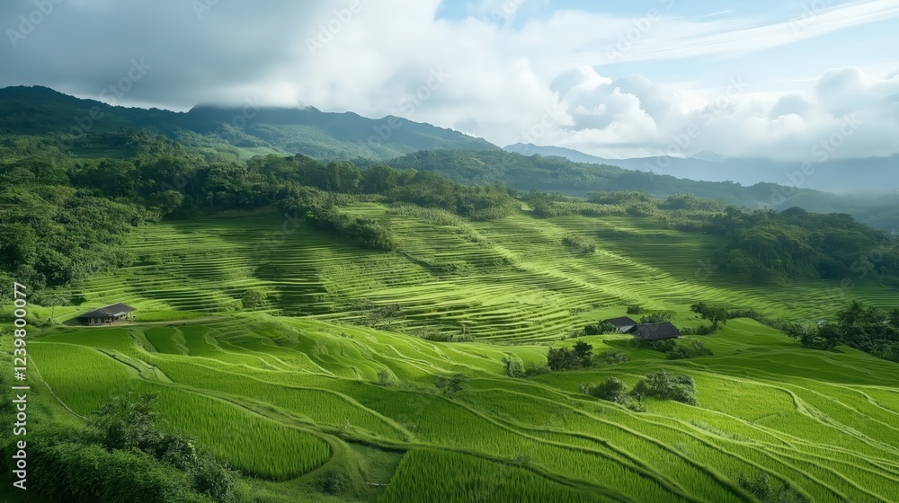 Fototapeta premium Lush Green Rice Terraces Under Partly Cloudy Sky