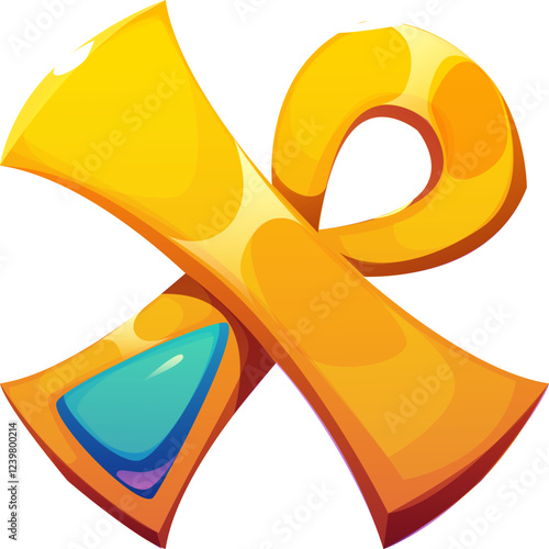 Cartoon Egyptian font golden ankh X letter. Ancient mythology English ABC element, egypt history vector game latin alphabet X letter or Africa pharaoh font typeset item with life symbol