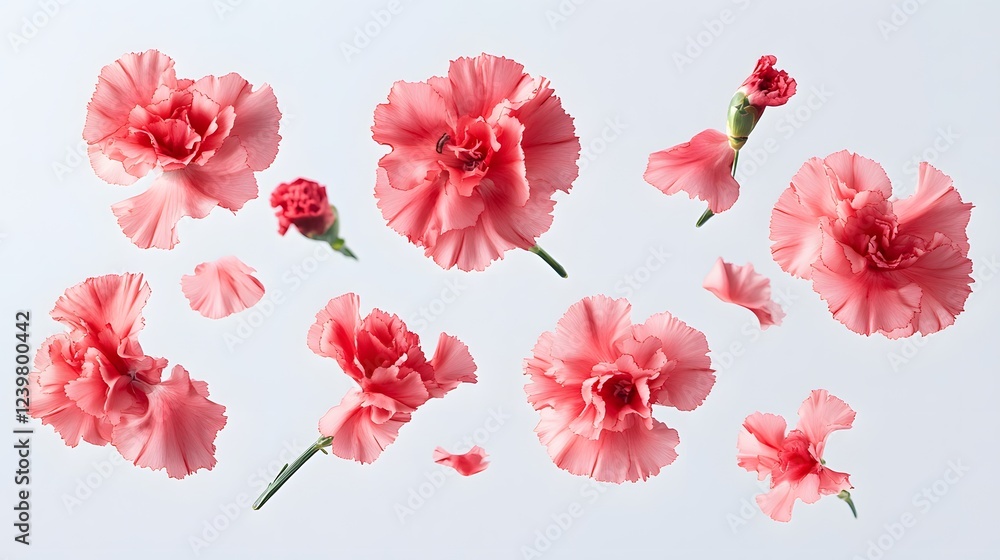 Obraz premium Floating Shattered Flowers, on White Background, Abstract Image, Texture, Pattern Background, Wallpaper, Cover and Screen of Smartphone, PC, Laptop, 9:16 and 16:9 Format