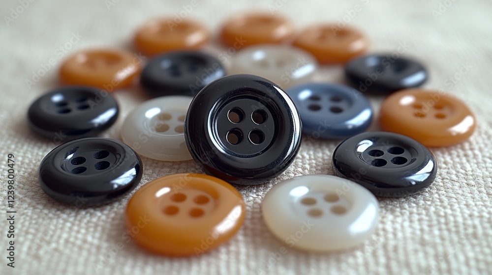 Close-up of assorted four-hole buttons on fabric. Close-up of assorted four-hole buttons on fabric.