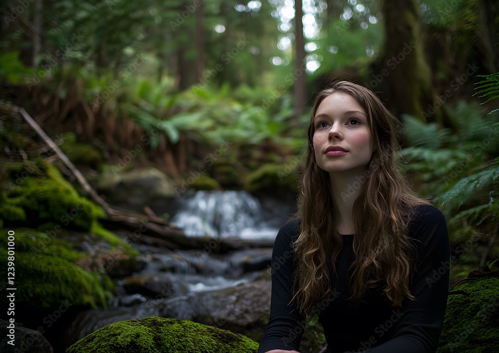 Young Woman Contemplates Nature By Forest Stream Young Woman Contemplates Nature By Forest Stream