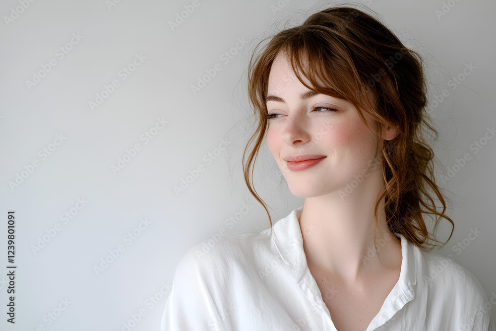 Smiling Woman in White Shirt: A young woman with reddish-brown hair, a delicate smile, and a warm, natural glow looks to the side, radiating confidence and positivity. Smiling Woman in White Shirt: A young woman with reddish-brown hair, a delicate smile, and a warm, natural glow looks to the side, radiating confidence and positivity.