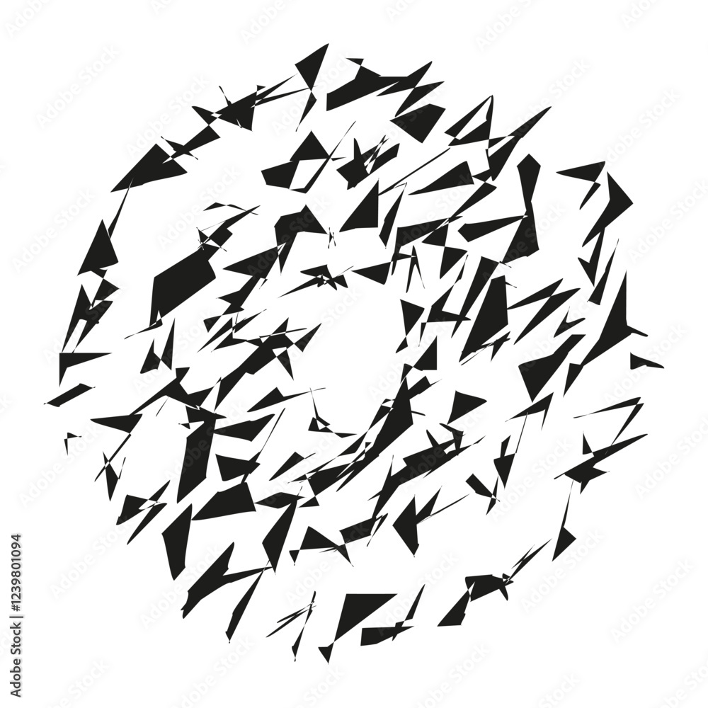 Shattered shapes spiral. Dynamic geometric pieces. Black abstract form. Vector chaotic pattern. Shattered shapes spiral. Dynamic geometric pieces. Black abstract form. Vector chaotic pattern.