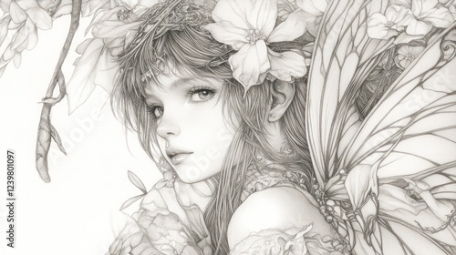 Penciled portrait of a fairy with flowers in her hair and large wings.