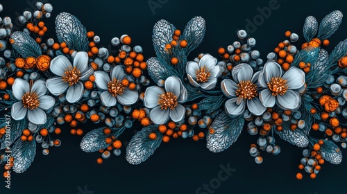 Elegant floral arrangement with silver flowers and orange berries on dark background.