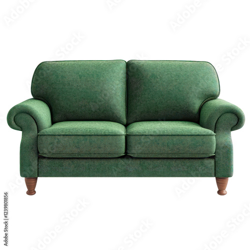 Green double seat sofa with rolled arms and wooden legs photo