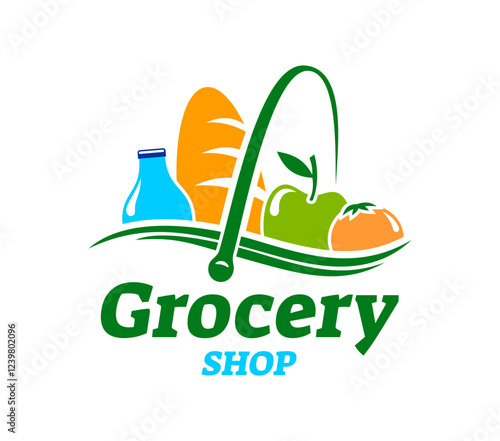 Grocery shop icon for food store and supermarket with products in shopping basket, vector emblem. Grocery store icon with silhouette of shop basket with bread loaf, milk bottle and apple or tomato