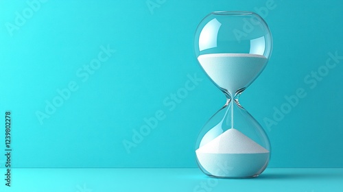 Hourglass with white sand against a teal background.