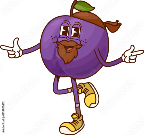 Cartoon groovy plum fruit superhero character. Vector bearded damson retro y2k defender in bandana and hippie sneakers. Funny fairytale prune vigilante, comic healthy food personage for kid menu