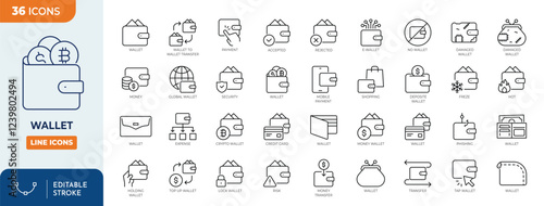 Wallet line editable icon set. Containing billfold related icons