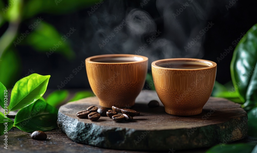 Serene Morning Coffee: Two steaming cups of coffee in bamboo cups, surrounded by lush green leaves and coffee beans. Serene Morning Coffee: Two steaming cups of coffee in bamboo cups, surrounded by lush green leaves and coffee beans.