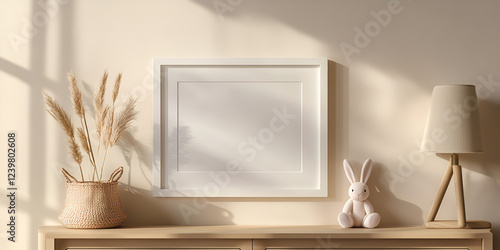 Minimalist Nursery Mockup: A  blank square picture frame set against a soft beige wall with a natural light source, offering a  clean canvas for a child's room design.