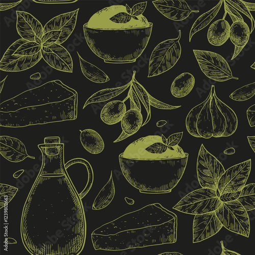 Seamless pattern with pesto sauce elements, basil leaves, garlic, parmesan cheese, olive oil in hand-drawn sketch style. Vector illustration