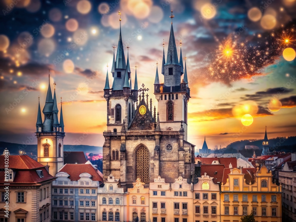 Fototapeta premium Majestic Church of Our Lady before Tyn with Bokeh Effect