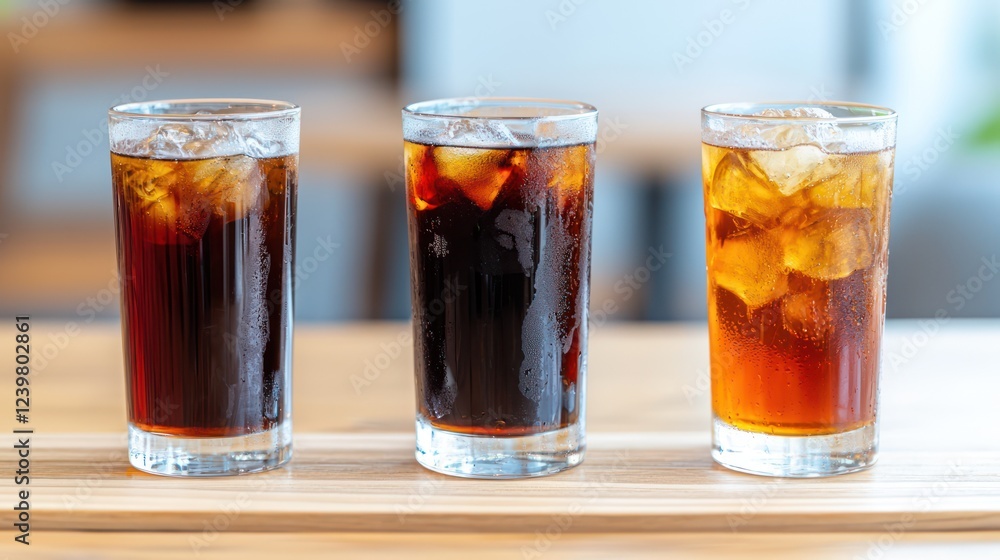Three glasses of iced beverages with ice cubes on a wooden surface. Three glasses of iced beverages with ice cubes on a wooden surface.
