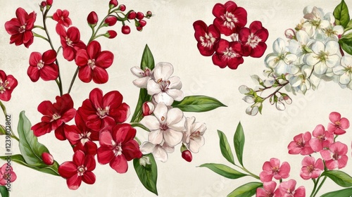 Watercolor painting of red and white flowers on beige background.