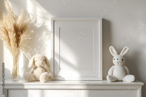 Blank Canvas Nursery Mockup: A white, vertical frame rests on a white mantelpiece, surrounded by fluffy white bunny toys and dried pampas grass.  A soft, natural light bathes the scene.