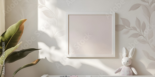Pastel Nursery Mockup: A sunlit nursery scene features a blank white square frame, perfect for showcasing your designs.