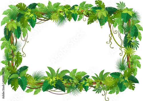 Liana frame of tropical jungle ivy or rainforest vine leaves and branches, vector background. Liana vine or ivy leaf frame with borders of monstera leaves, tropical creeping tree or jungle bindweed