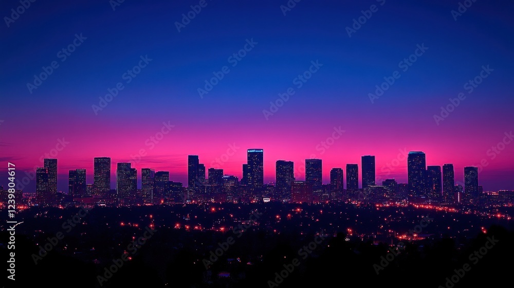 Obraz premium City skyline at twilight, purple and blue hues.